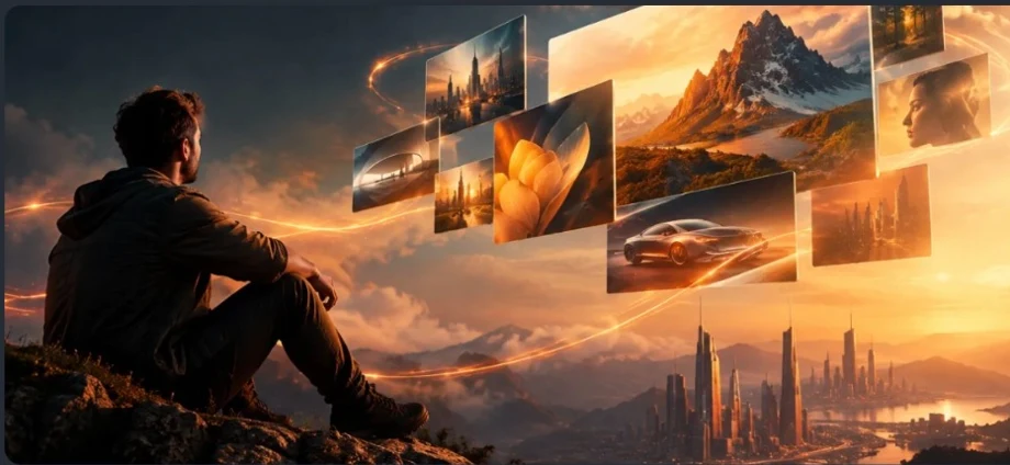 Creative images emerging over an energetic futuristic landscape